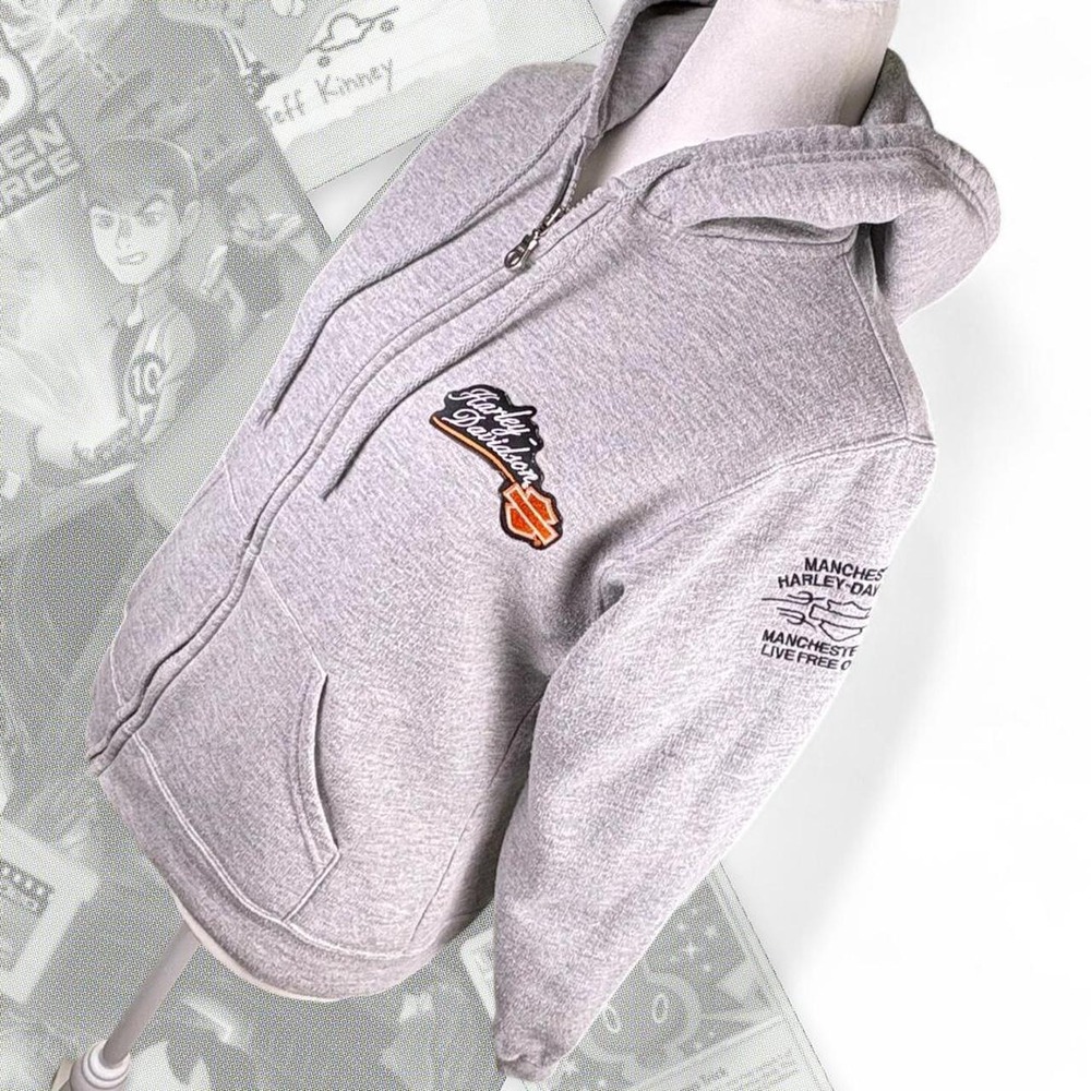 Vintage Y2K Gray Biker Grunge Graphic Harley Davidson Zip Up Hoodie